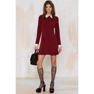 Nasty Gal Au Pair Burgundy Dress Beige Satin Collar Faux Buttons Womens Size XS